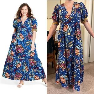 Like New Tabitha Brown for Target Floral/Polka Dot Maxi Dress with Puff Sleeves